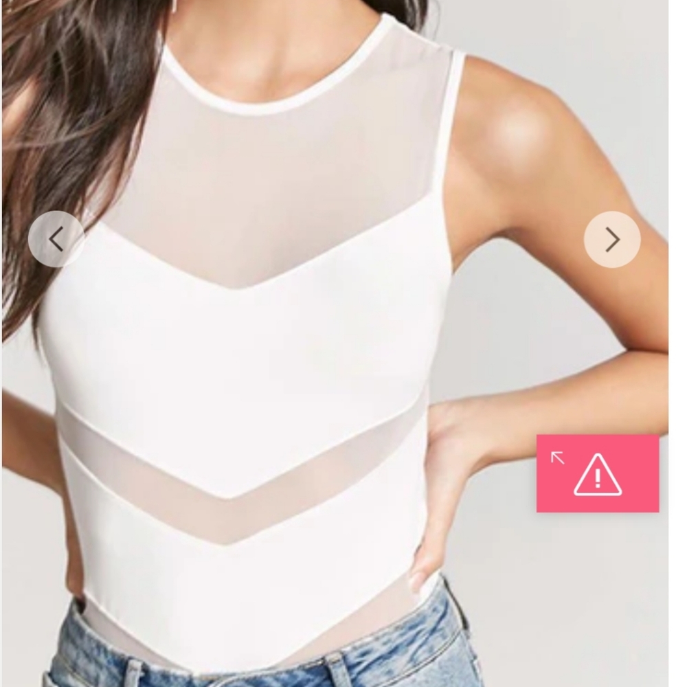Forever21 White Mesh Panel Chevron Bodysuit S